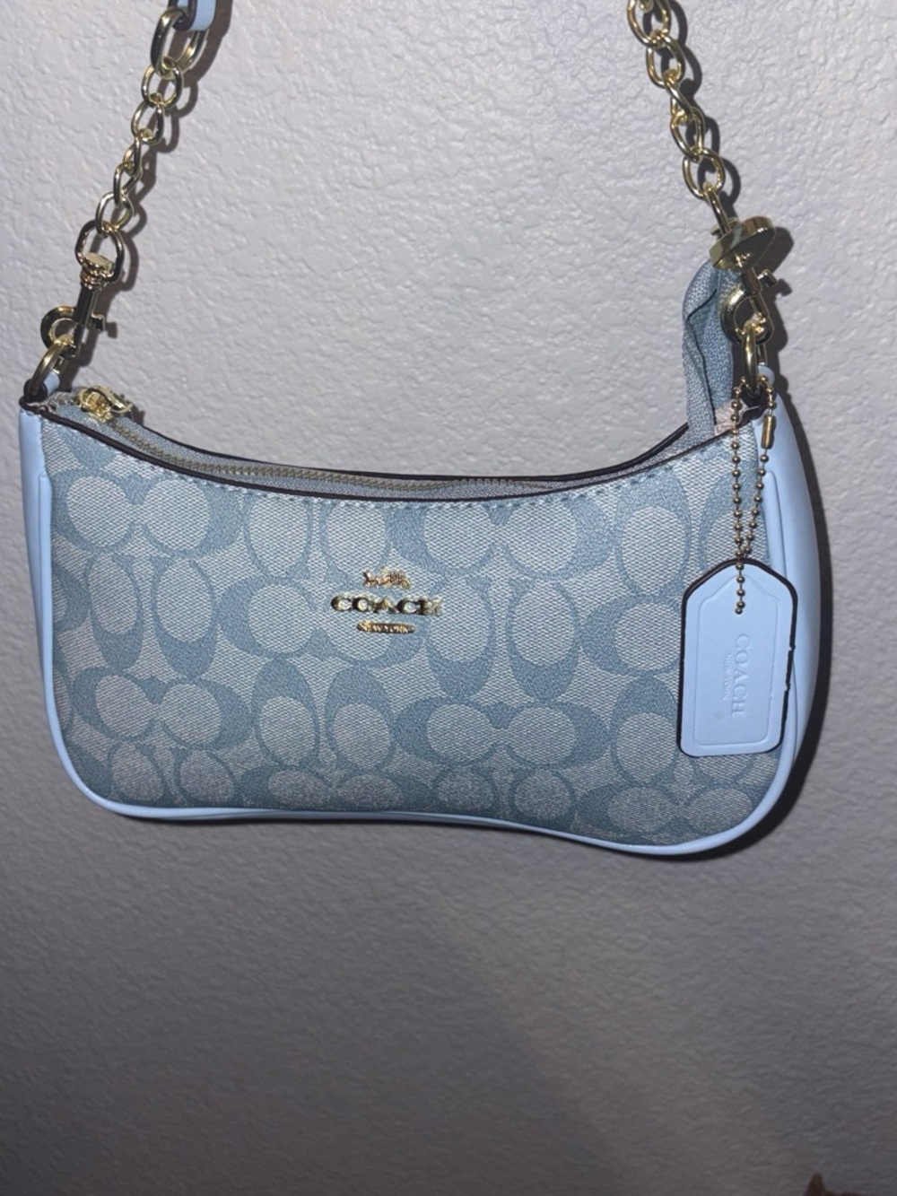 Coach Pale Blue Signature Canvas Shoulder Bag with Gold Chain